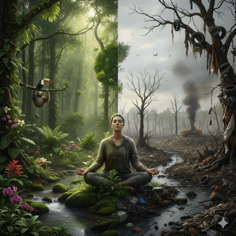 Um ser humano meditando em meio à floresta amazônica, metade do ambiente verde e vibrante, metade árido e devastado. O céu divide o horizonte entre luz e fumaça — simbolizando a transição entre destruição e despertar da consciência
