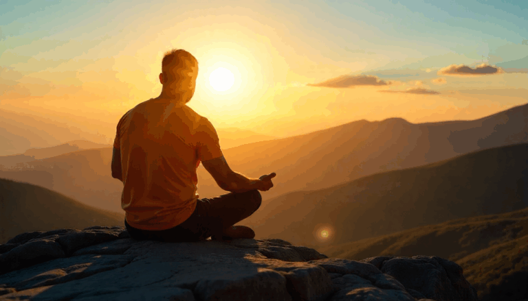 Pessoa meditando ao nascer do sol no topo de uma montanha, representando o poder transformador da dor e o despertar da consciência.