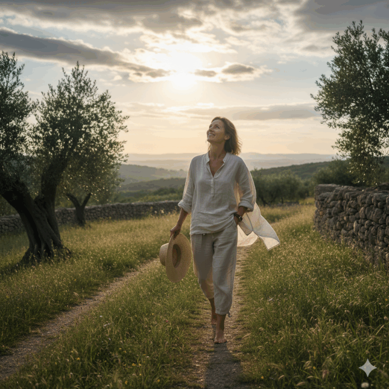 Pessoa caminhando ao pôr do sol em um campo, simbolizando serenidade, presença e contentamento com o momento presente.