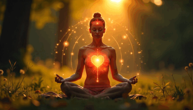 Pessoa meditando com luzes conectando cérebro, coração e abdômen, simbolizando coerência corporal e bem-estar integral.