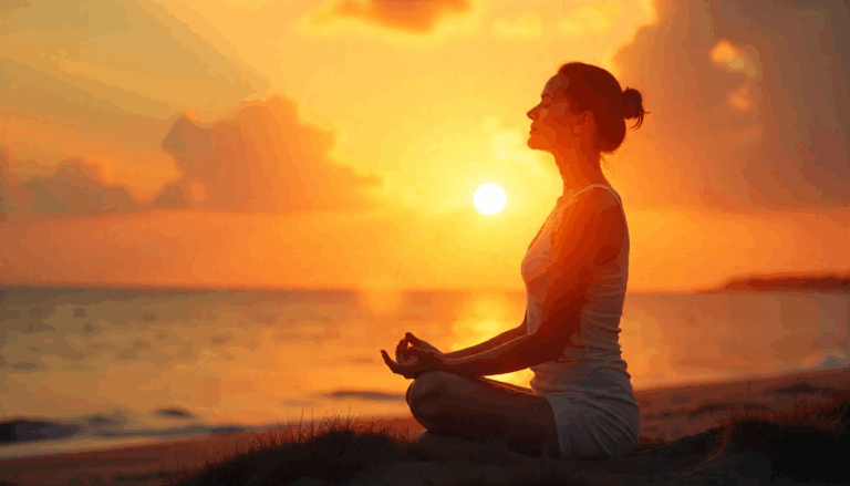 Mulher meditando ao pôr do sol.