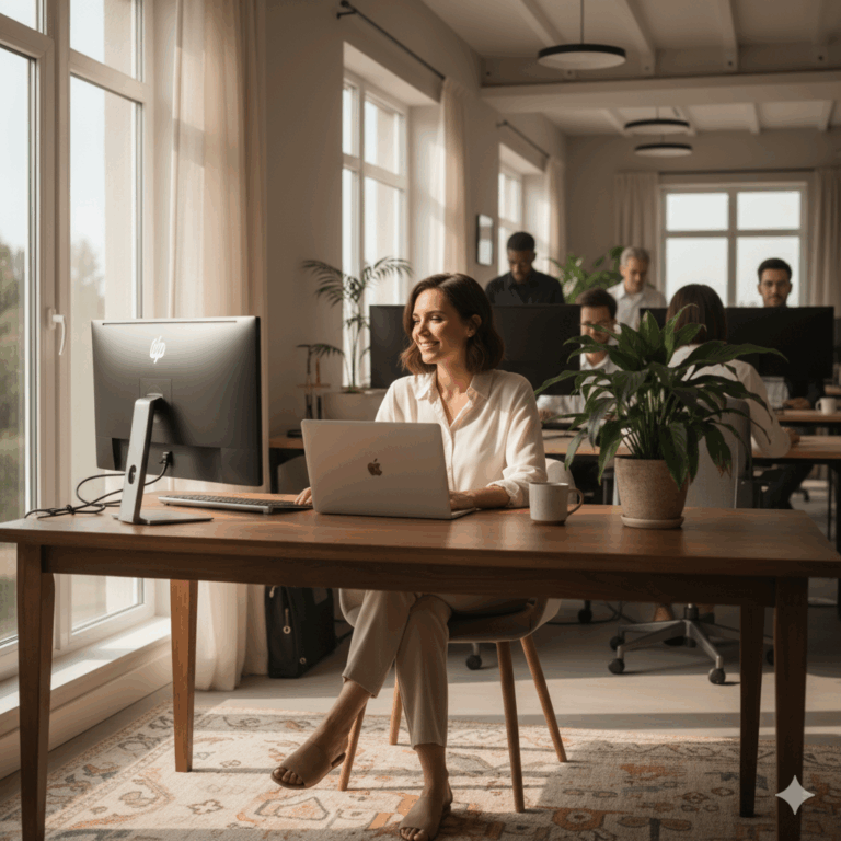 Profissional sorridente em ambiente de trabalho leve e iluminado por luz natural, representando bem-estar e propósito no trabalho.