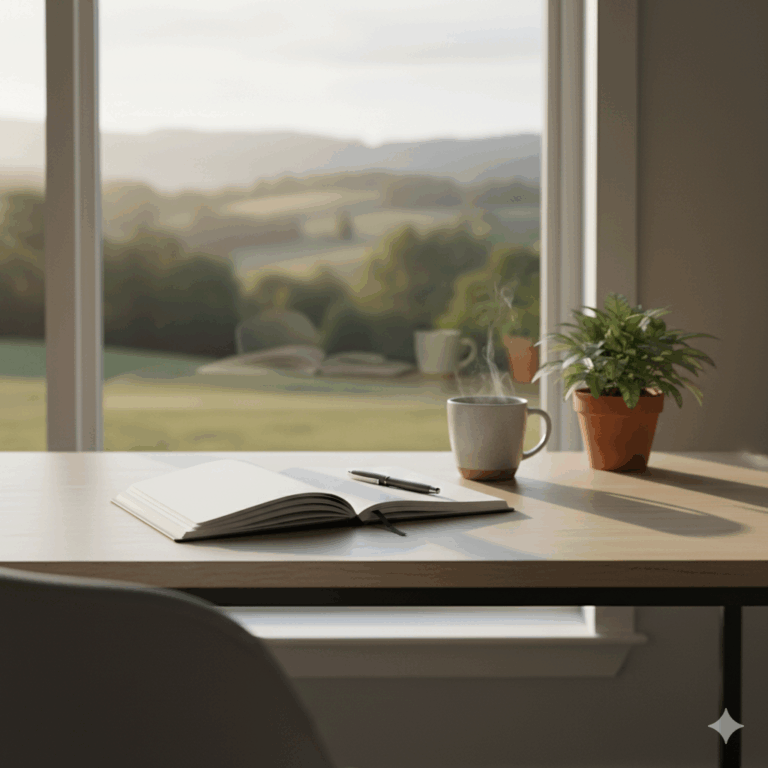 Mesa de trabalho minimalista iluminada pela luz natural da manhã, com caderno, xícara de chá e planta verde simbolizando equilíbrio e bem-estar.