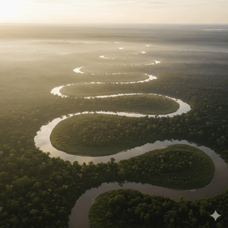 Floresta amazônica ao amanhecer com rios e névoa, simbolizando equilíbrio entre natureza e consciência humana.