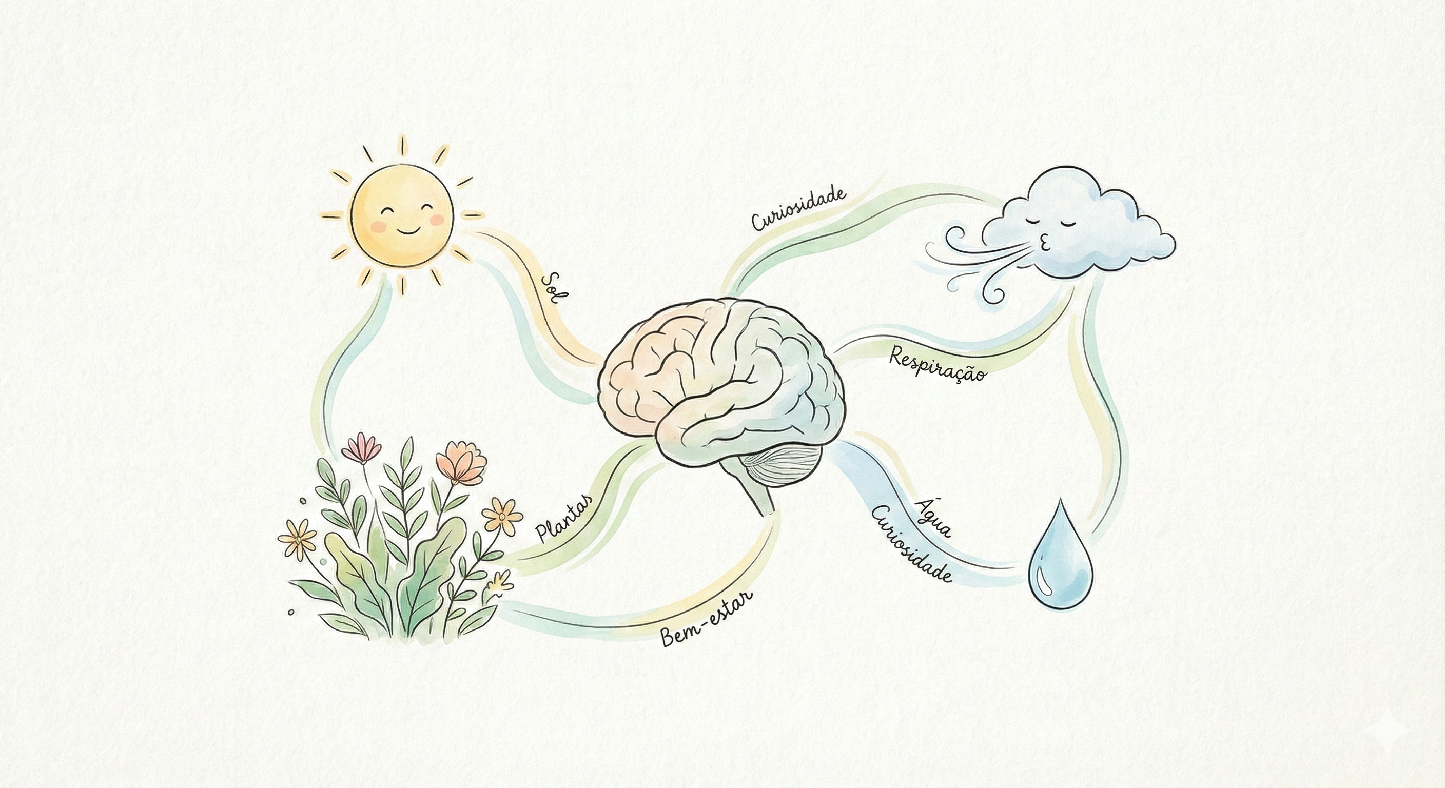 Ilustração de elementos naturais conectados ao cérebro, representando curiosidades e práticas de bem-estar.