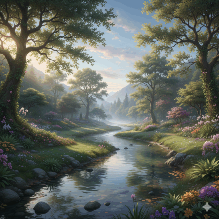 Jardim natural ao amanhecer com rio e árvores antigas, representando equilíbrio e reconexão interior.
