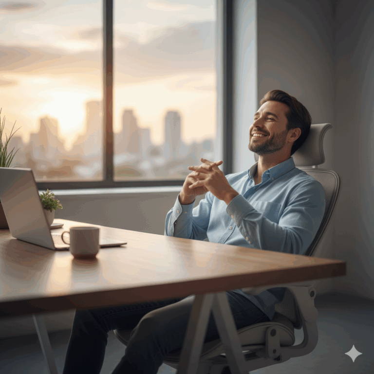 Homem relaxando em escritório moderno.