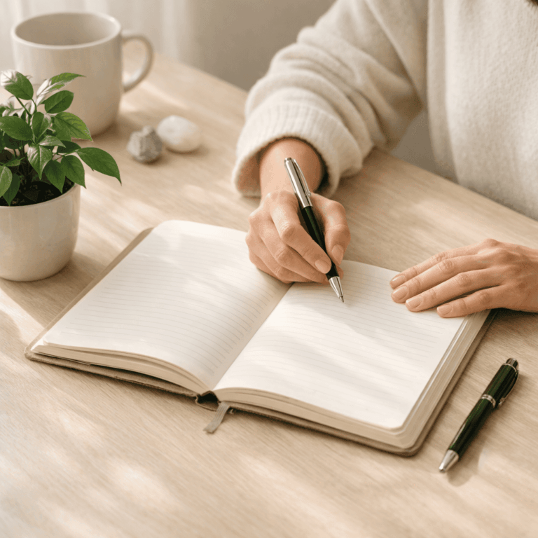 Pessoa com caderno em ambiente calmo, simbolizando construção interna e Engenharia do Bem-Estar.