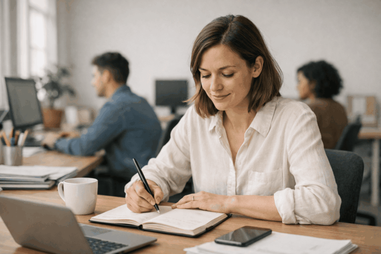 Pessoa trabalhando com expressão de concentração e satisfação, simbolizando motivação no trabalho baseada em autonomia e propósito.