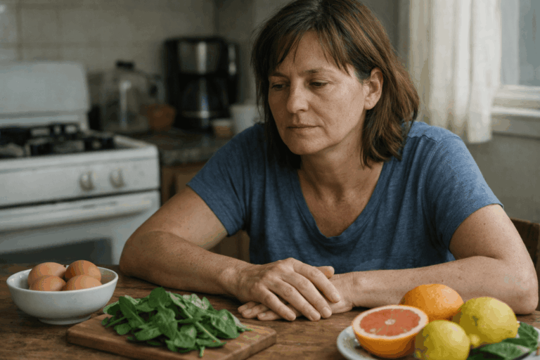 Pessoa sentada à mesa da cozinha pela manhã com expressão de cansaço, alimentos naturais ao redor, simbolizando fadiga nutricional.