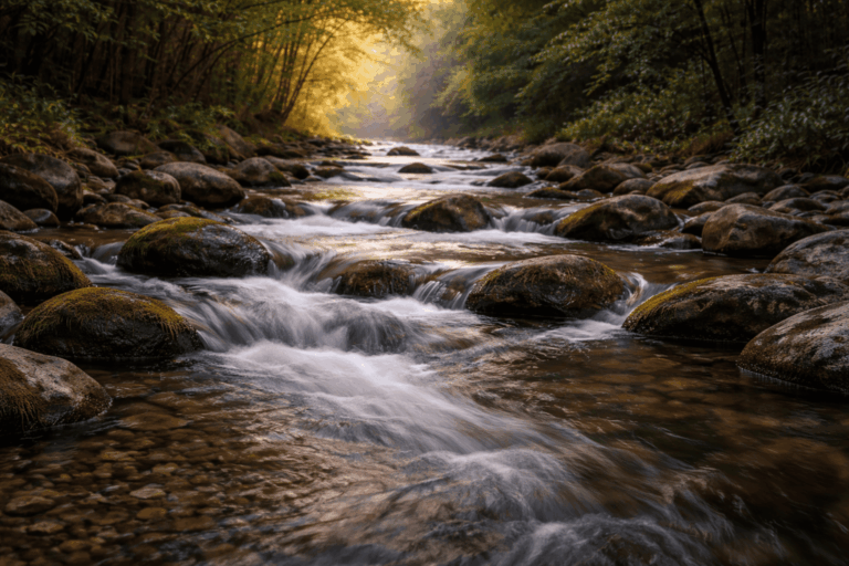 Água fluindo entre pedras simbolizando flexibilidade e resiliência emocional.
