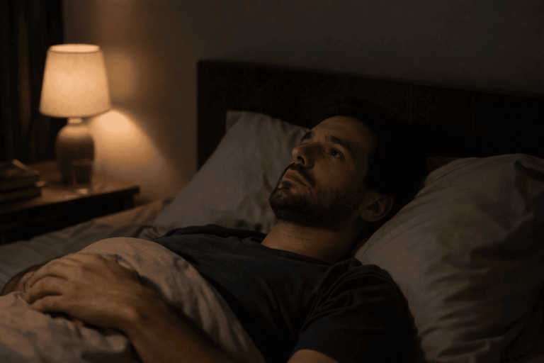 Pessoa deitada acordada à noite com expressão pensativa, simbolizando ansiedade e insônia.