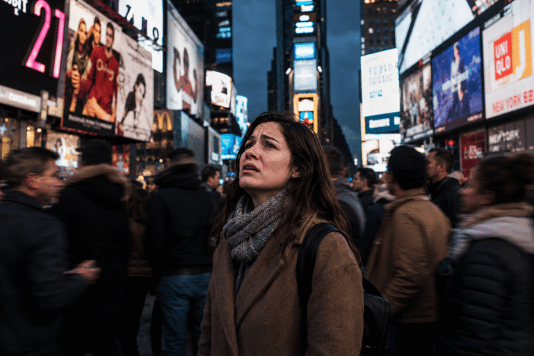 Pessoa parada em ambiente urbano cheio de estímulos digitais, simbolizando a sobrecarga do cérebro humano no mundo moderno.